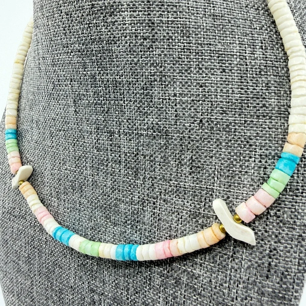 Pastel Heishi Bead Bird Necklace White Blue Pink Boho Coastal Statement Gift